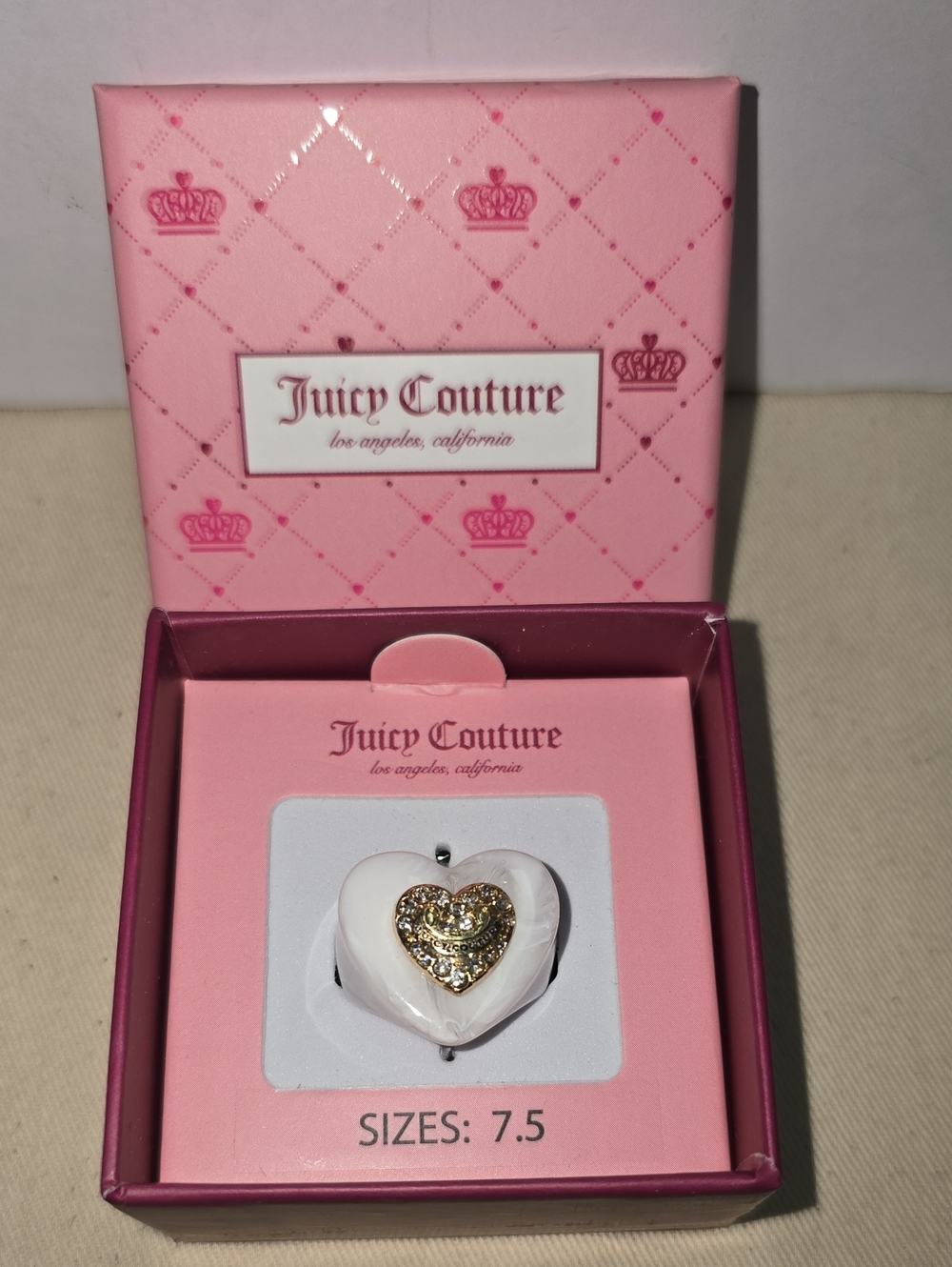Juicy Couture Pink Heart Ring with Gold Heart Accent and Crystals